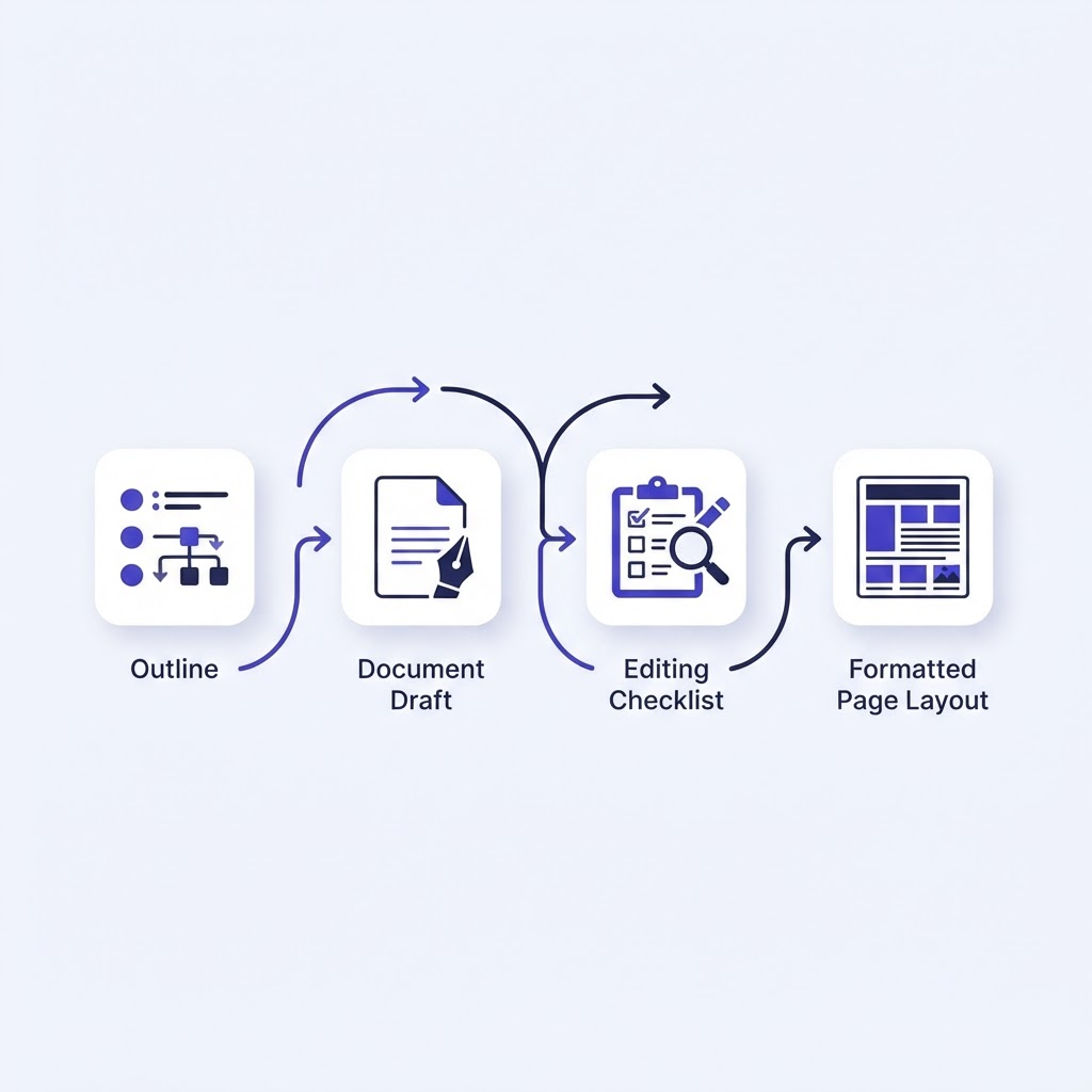 Abstract diagram of the course and e-book production workflow: outline, draft, edit, and formatted layout stages connected in sequence
