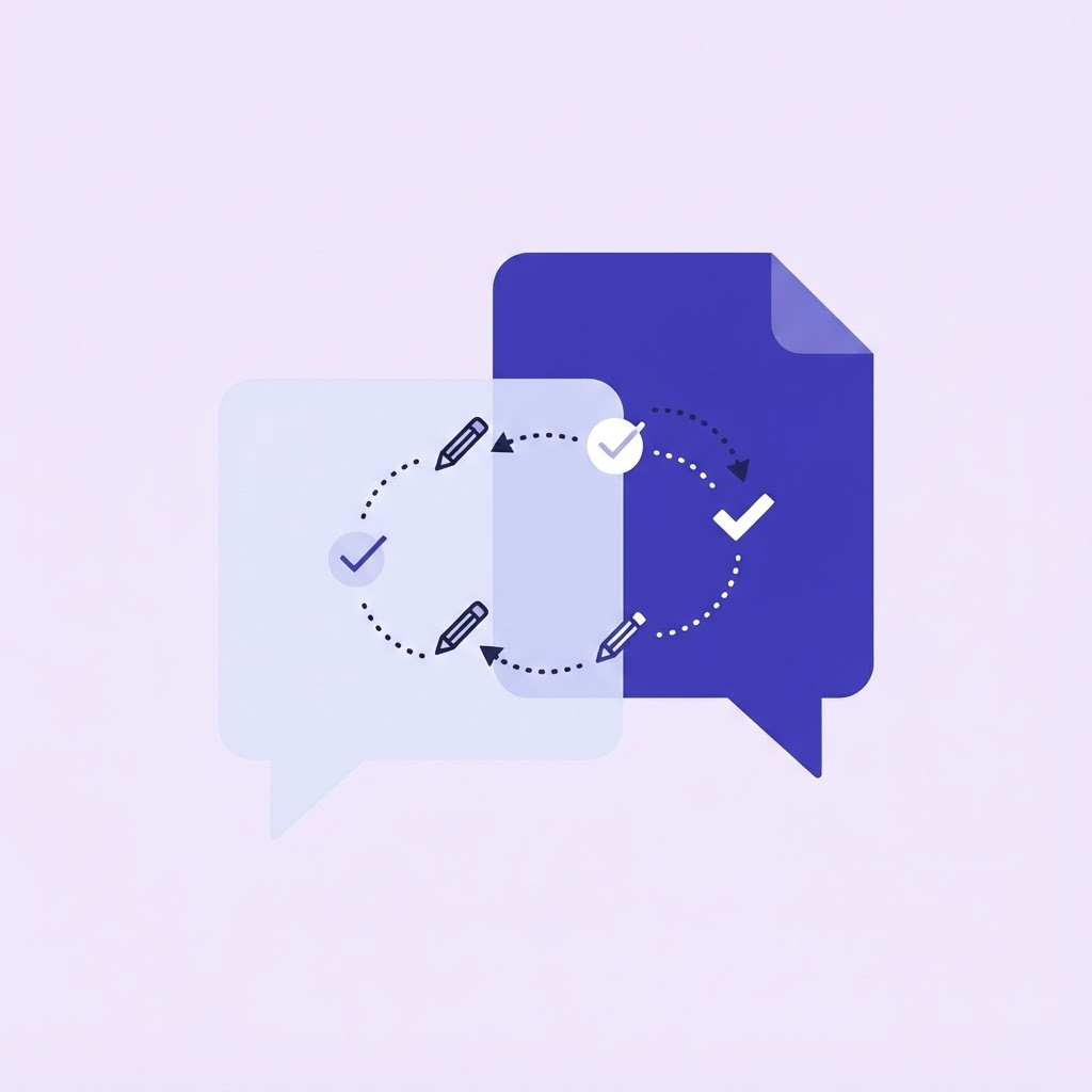 Abstract illustration of two overlapping document shapes exchanging checkmark and pencil icons, representing correspondence