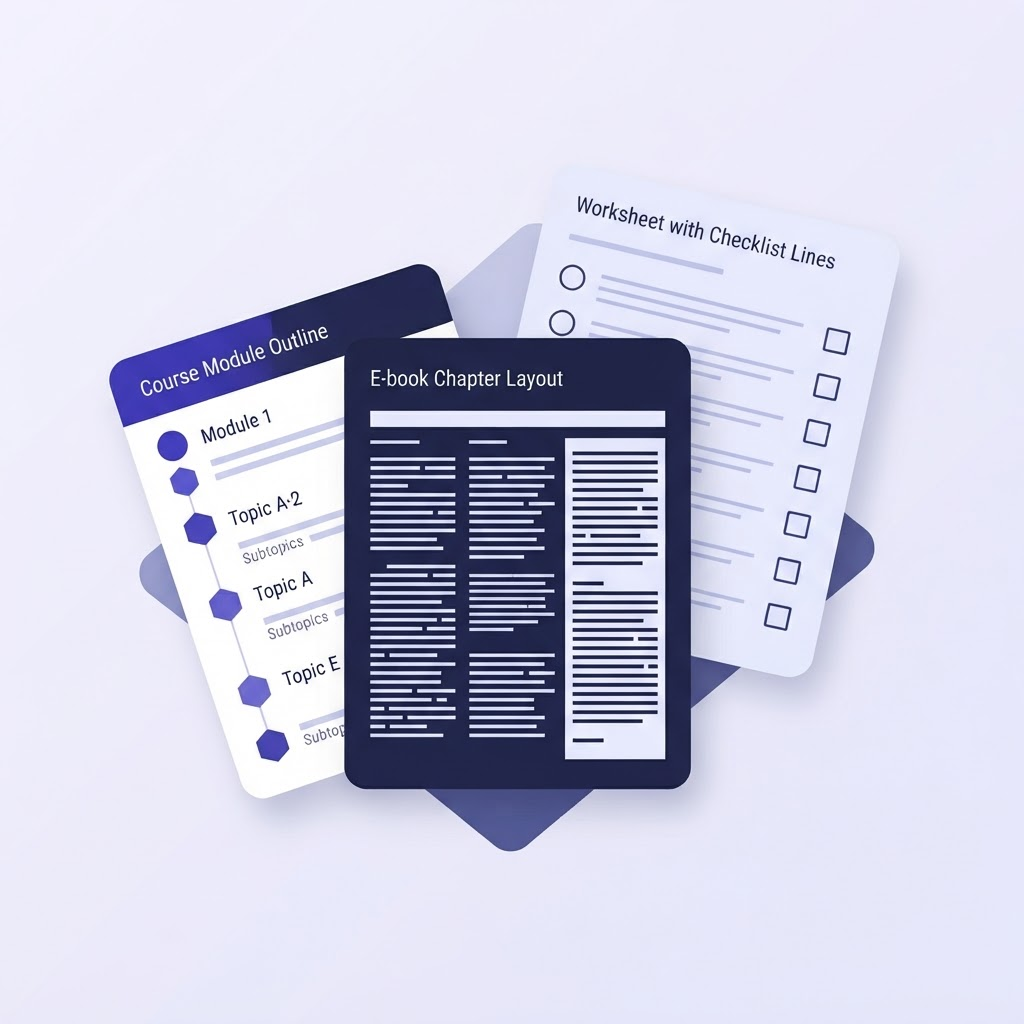 Abstract illustration of three overlapping sample document cards representing an outline, a worksheet, and an e-book chapter layout
